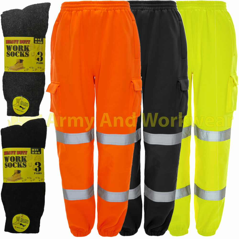 Mens Hi Viz Combat Joggers Work Jogging Bottoms Thick Fleece Safety FREE SOCKS
