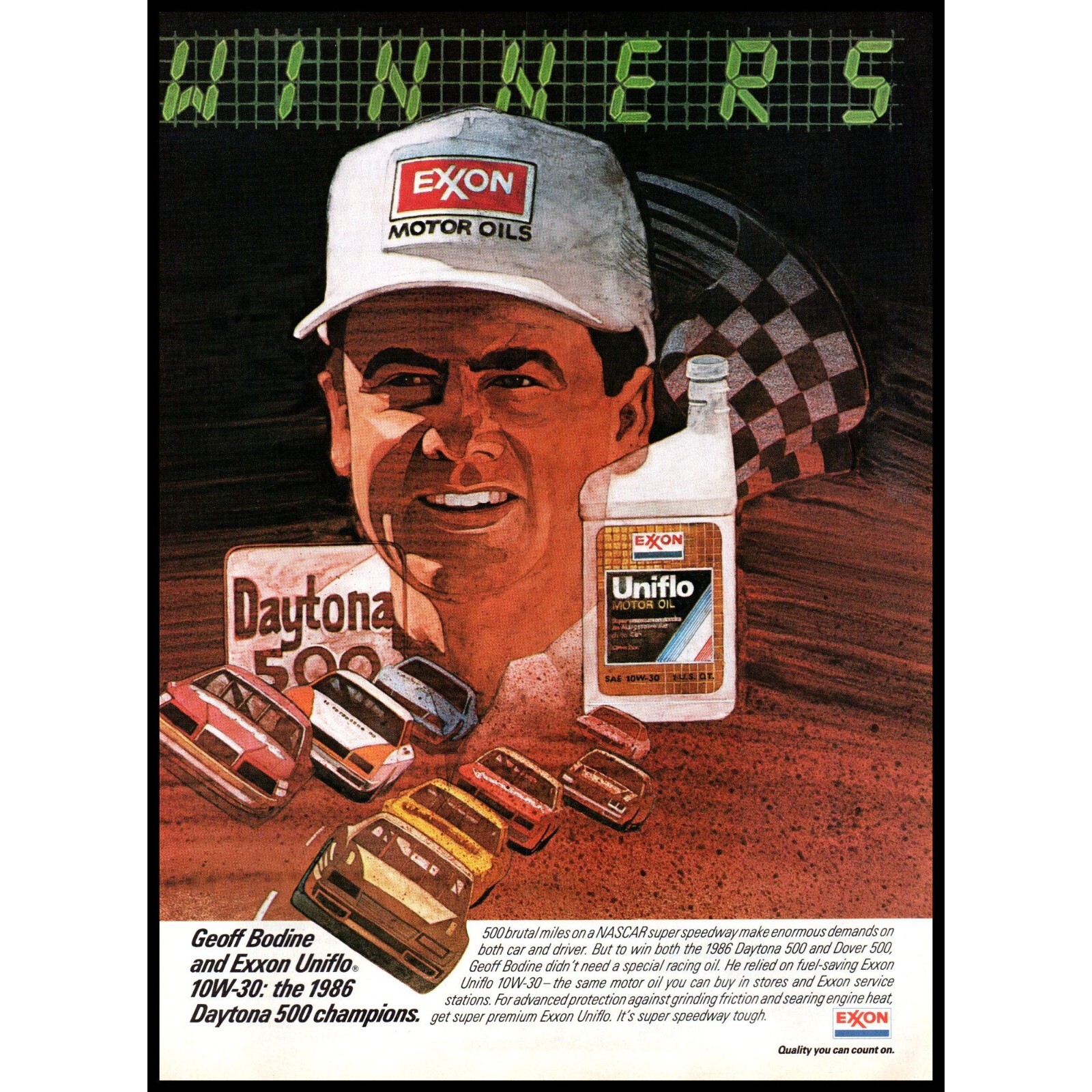1986 Exxon Uniflo Motor Oil Vintage Print Ad Geoff Bodine NASCAR