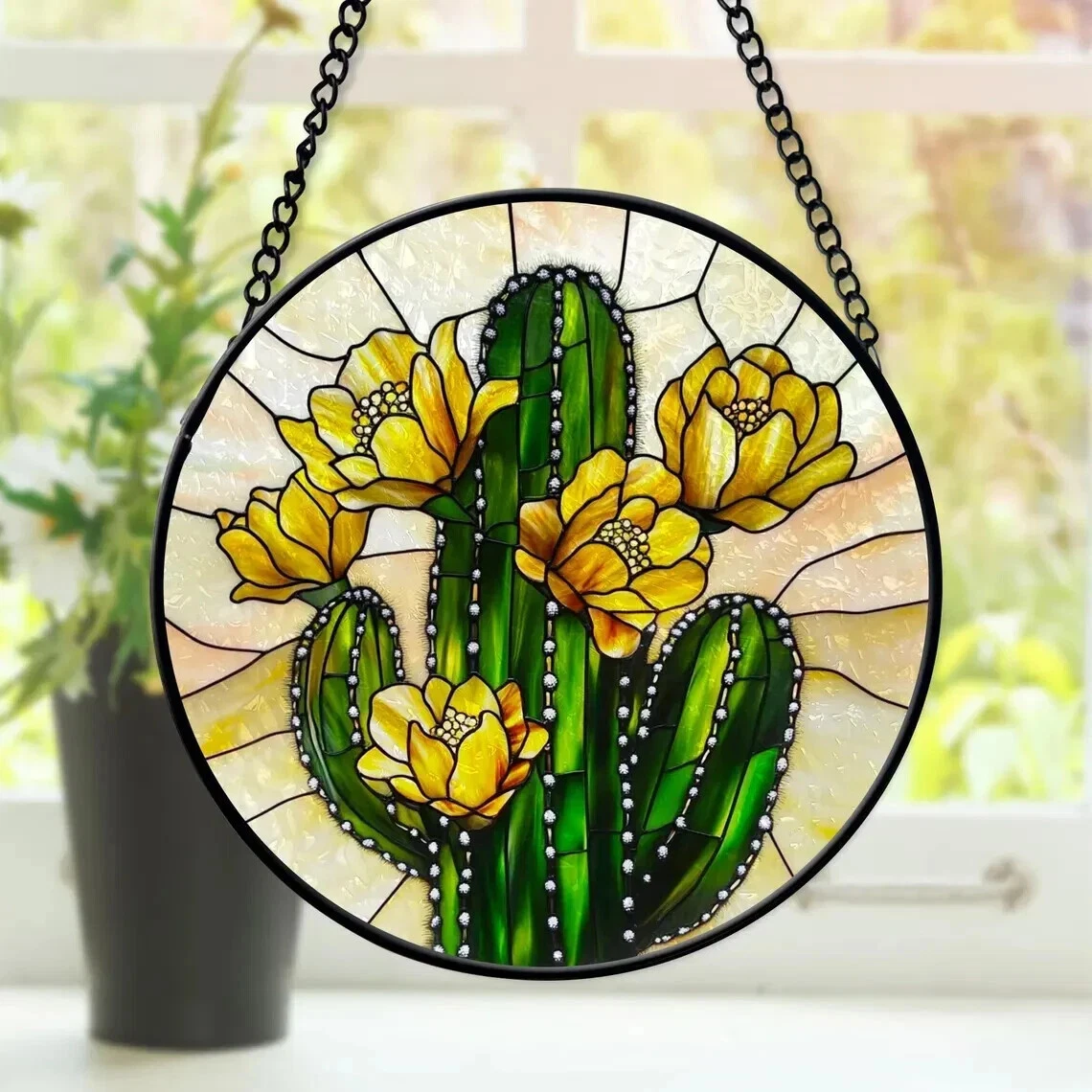 Flower Cactus Stained Glass Suncatcher, Flower Cactus Window Hanging Decor
