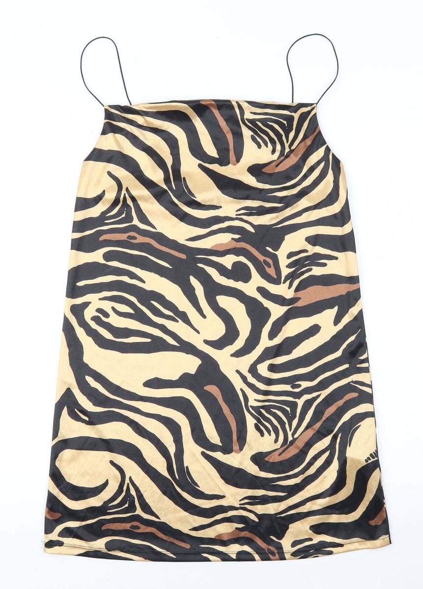 Zara Womens Gold Animal Polyester Blend Slip Dress Size S Cowl Neck