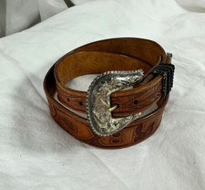 Vintage 4 piece sterling tan western tooled leather belt small