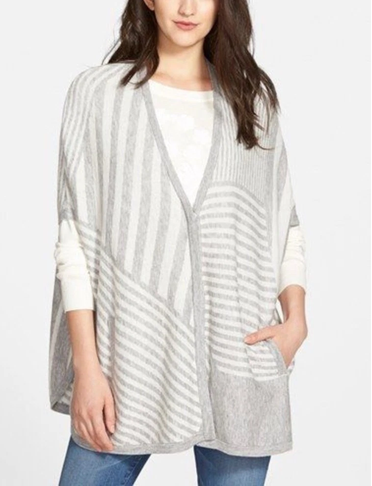Splendid Grey White Striped Button Front Blanket Poncho Wool Cashmere Sweater