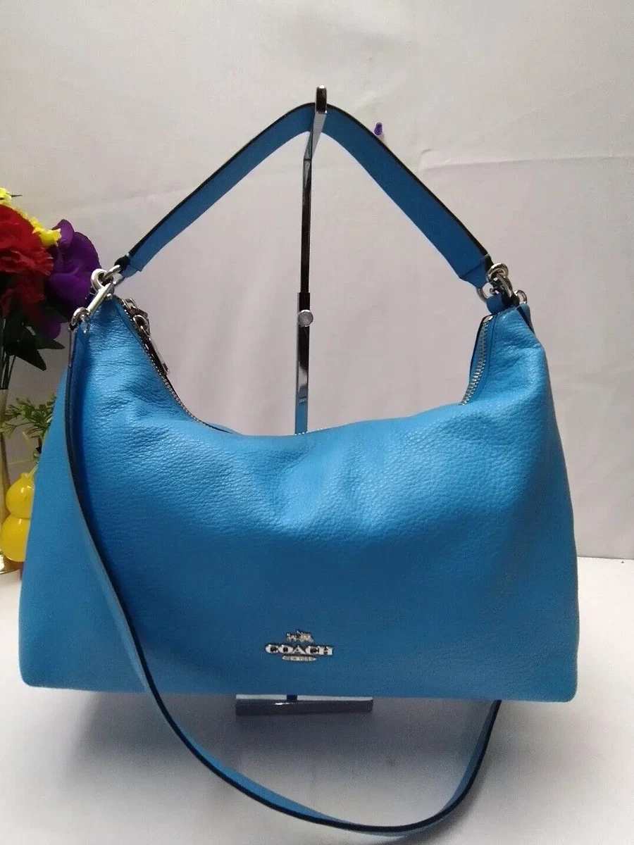 Coach East West Celeste Blue Jay Leather Convertible Hobo Crossbody Bag