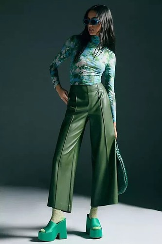 MAEVE ANTHROPOLOGIE wide leg pants pintuck trousers faux leather green 6