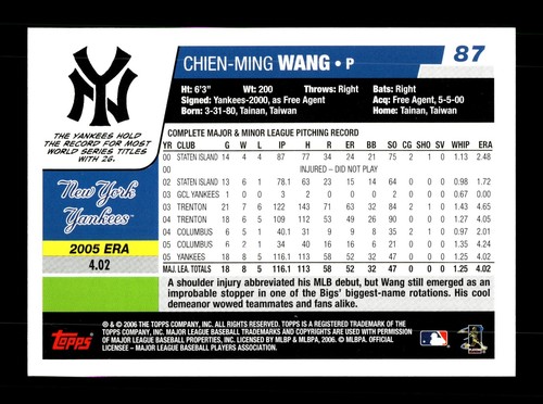 2006 Topps Baseball Chen-Ming Wang #87 New York Yankees - Picture 2 of 2