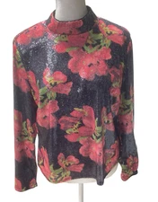 NWOT Nicole Miller Sz L Red Flowers Black Sequin Top Long Sleeves Back Zip