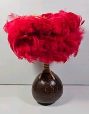 Vintage Hawaiian Uli Uli Red & Yellow Feathers La'amiu Gourd Instrument 1 SINGLE