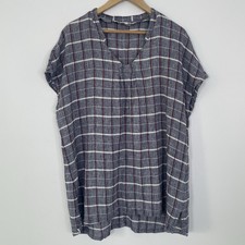 Poetry Top Tunic Linen Blend Sz 12 Check Plaid Blue V-Neck Lagenlook