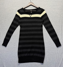 Poof Sweater Dress Womens Medium Black Gray Horizontal Striped Stretch V Stitch