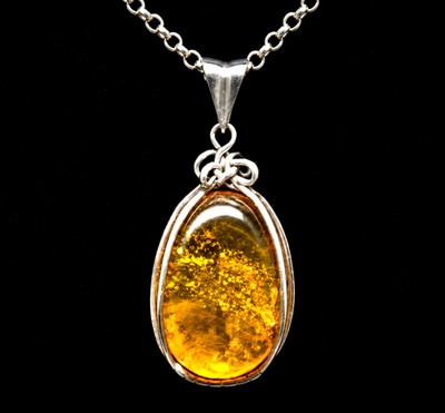Handcrafted Elegant Amber 925 Sterling Silver Pendant 46mm Fossil Insect inside