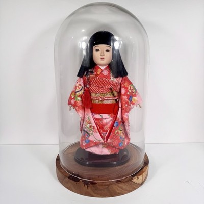 Vintage Japanese Ichimatsu Ningyo Doll 16  Kimono w/ Glass Display Dome Case