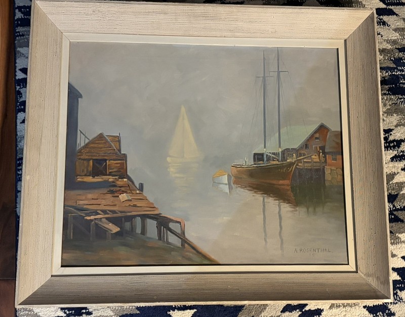 HARBORSIDE AMERICAN OIL PAINTING BY ABRAHAM ROSENTHAL (1886-1964)