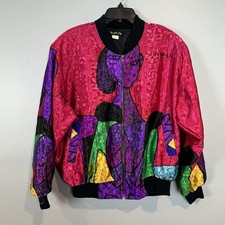 Vintage Picasso Bomber Jacket Bright Multicolor Satin 90s Graphic Womens Large