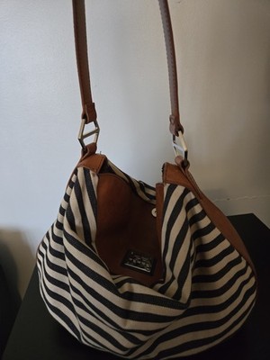 Gianfranco Ferre Italy Navy white Nautical striped canvas  leather trim Hobo bag