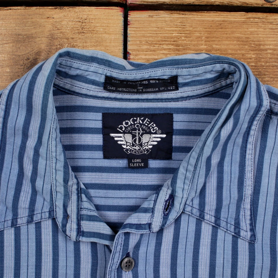 Camisa informal vintage Dockers botón L rayas para hombre manga larga azul a rayas Foto 3 de 4