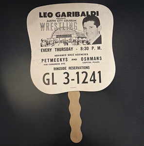 Leo Garibaldi Wrestling Paper Advertising Fan Austin City Coliseum Beige/Black