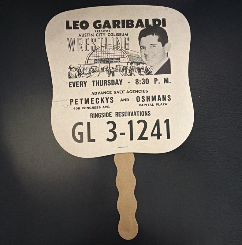Leo Garibaldi Wrestling Paper Advertising Fan Austin City Coliseum Beige/Black