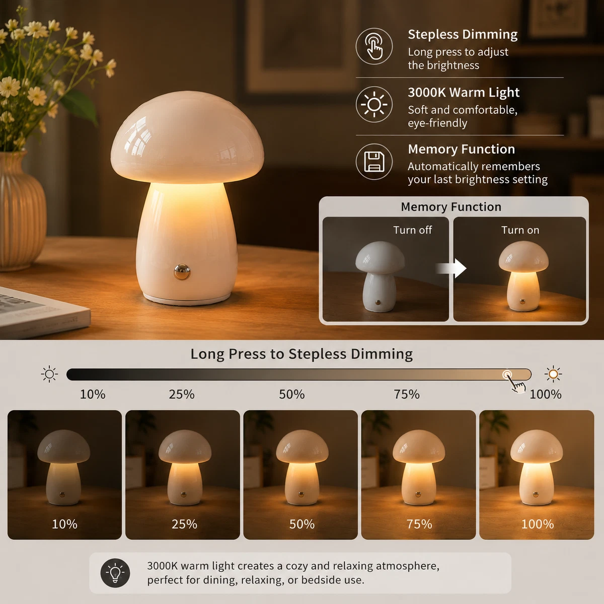 Lámpara LED de Mesa Hongo Estilo Nórdico Recargable USB Táctil Regulable