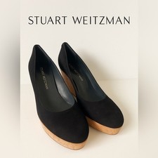 Stuart Weitzman Black Suede Cork Platform Pumps Women  s Size 10M Round Toe Heels