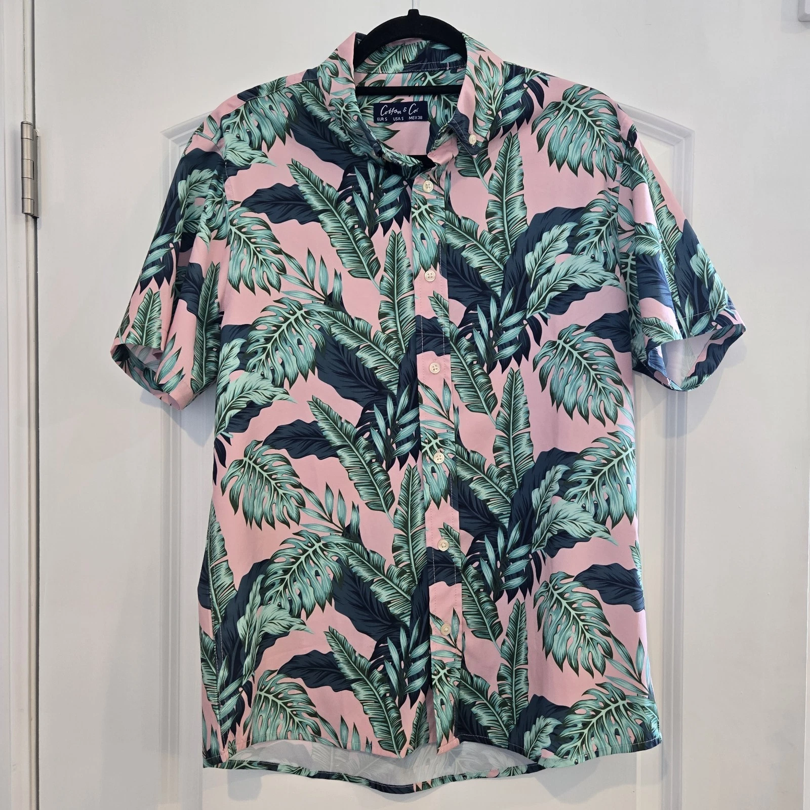 Cotton & Co. Men's Hawaiian Floral Woven Button-Up Shirt Pink Green Navy S