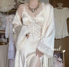 Women's French Vintage Silk Smooth Skincare Nightgown Home Clothes Morning Robe