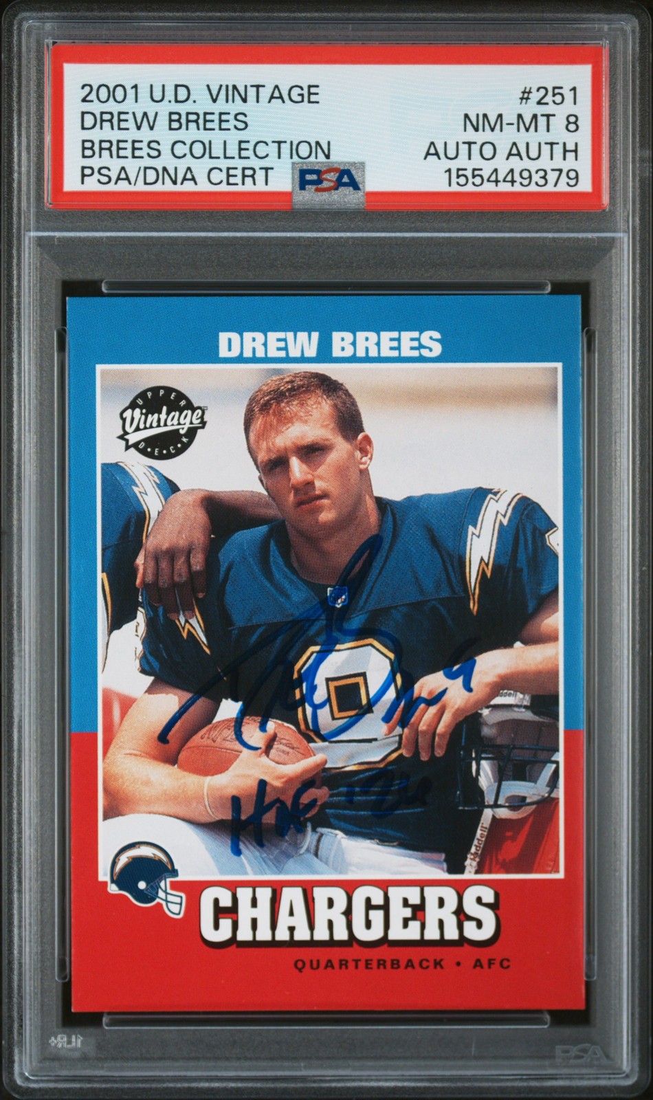 2001 UPPER DECK VINTAGE #251 DREW BREES ROOKIE RC PSA 8 DNA AUTO AUTH “HOF ’26” view 1