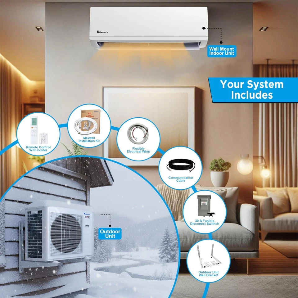 Klimaire HyperHeat 24000 BTU 22.3 SEER2 Ductless MiniSplit Inverter Heat Pump Ac - Image 3 of 4