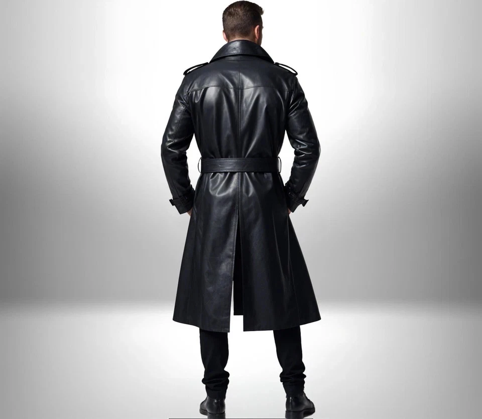 Men's Genuine Lambskin Leather Long Coat Black Stylish Classic Trench Belted - Image 2 of 4