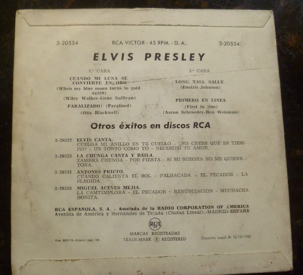 ELVIS PRESLEY 'Elvis Canta' 1962 SPAIN 4- track EP RCA 3-20554  -  EX-