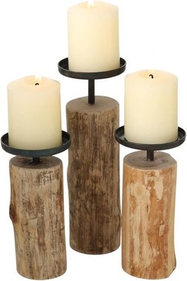 Boltze Kerzenständer Tempe 3-teiliges Set Holz-Metall Boho Design