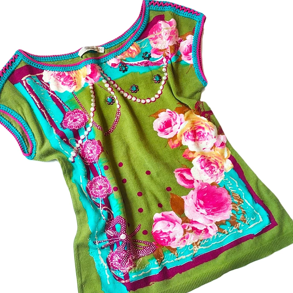 Blumarine Knit Top Made in Italy Chartreuse Green Blouse Short Cap Sleeves M - Image 3 of 4