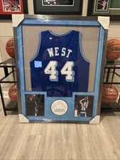 Jerry West Autographed Blue Jersey Framed Display Los Angeles Lakers HOF JSA COA