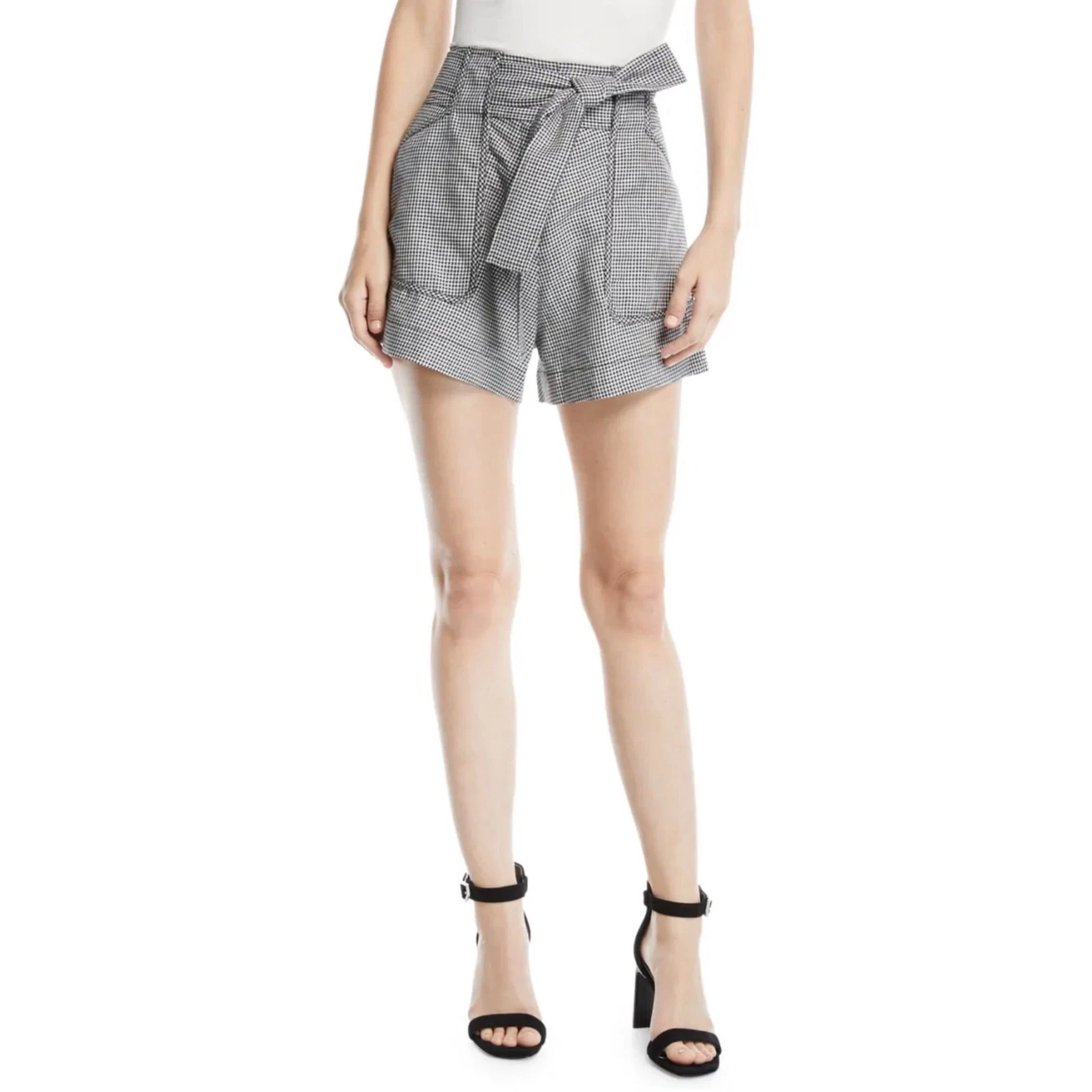 Derek Lam 10 Crosby Belted Check Patch-Pocket Linen Shorts Size 10