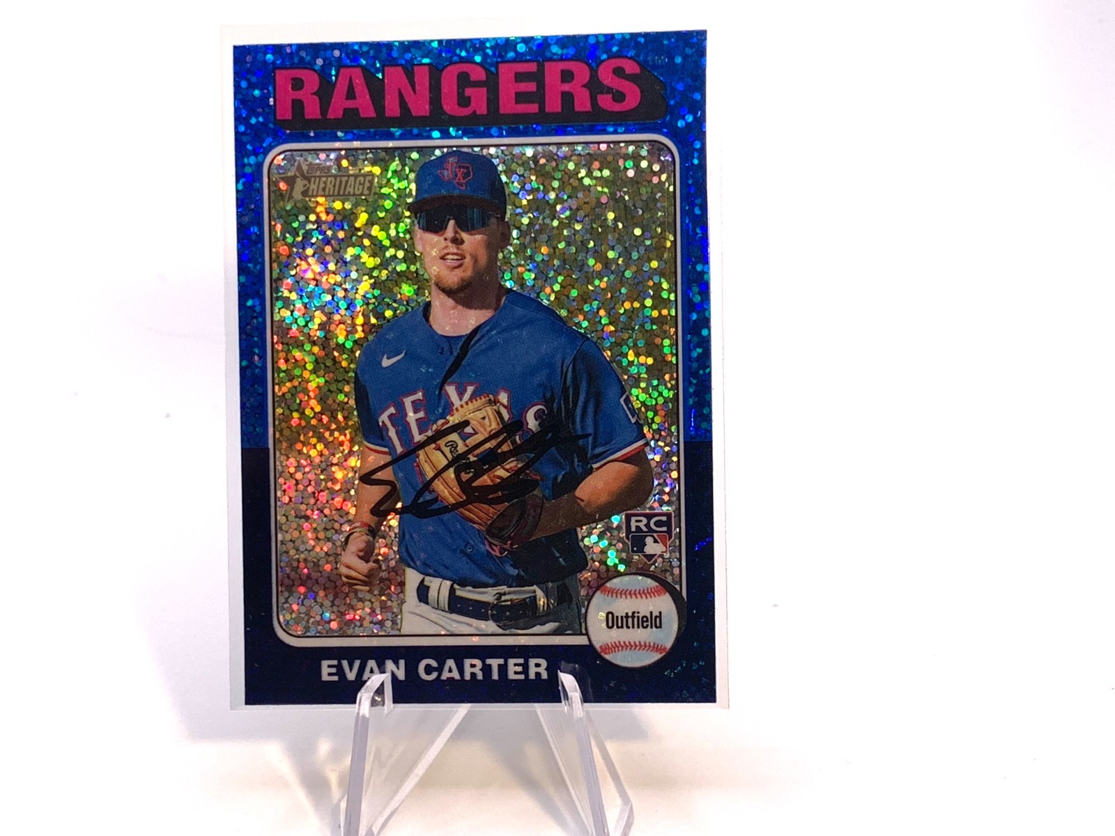 Evan Carter  2024 Topps Heritage #170 Chrome Blue Sparkle Refractor (RC)