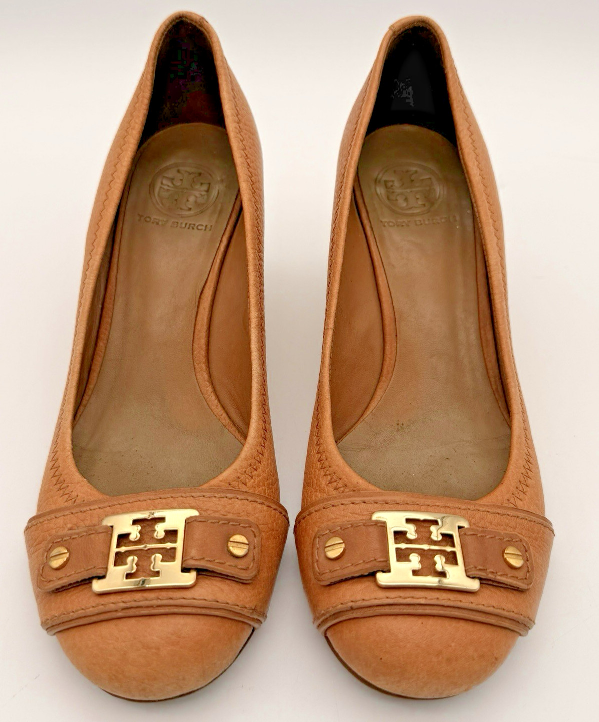 Tory Burch Melinda Wedge Heels Tan Gold Logo Women’s Shoes Size 8M Approx