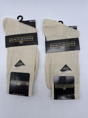 NEW 2 PAIR STACY ADAMS BOYS NYLON  RIBBED SILKY DRESS SOCKS SIZE 3-9  BEIGE