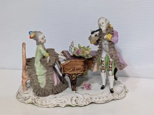 Vintage Dresden Porcelain Lace Figurine - Victorian Couple Playing Piano & Flute