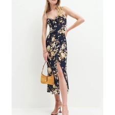 Reformation Kourtney Navy Blue Floral Midi Dress Sweetheart Neck Size 12