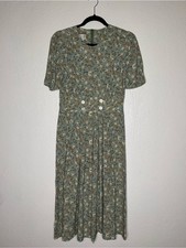 Vintage 90s Rayon Petite Sophisticate Mint Green Floral Midi Tea Dress Small