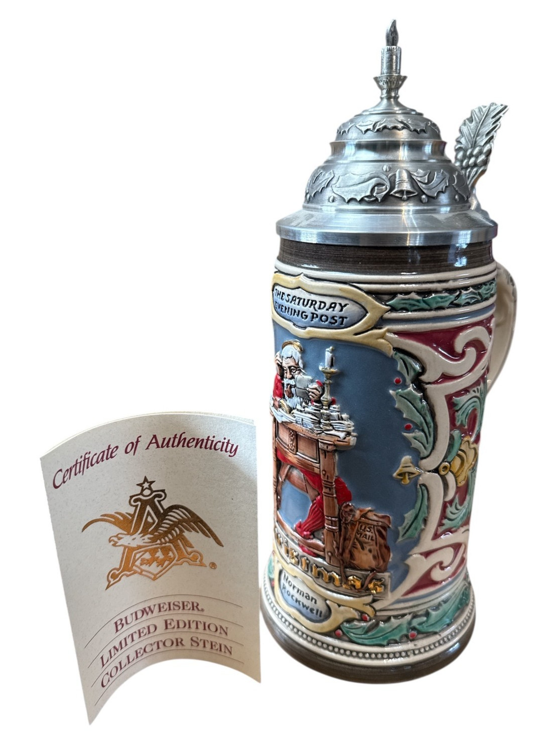 Norman Rockwell ANHEUSER-BUSCH Santa's Mailbag Stein Saturday Eve Post Germn COA