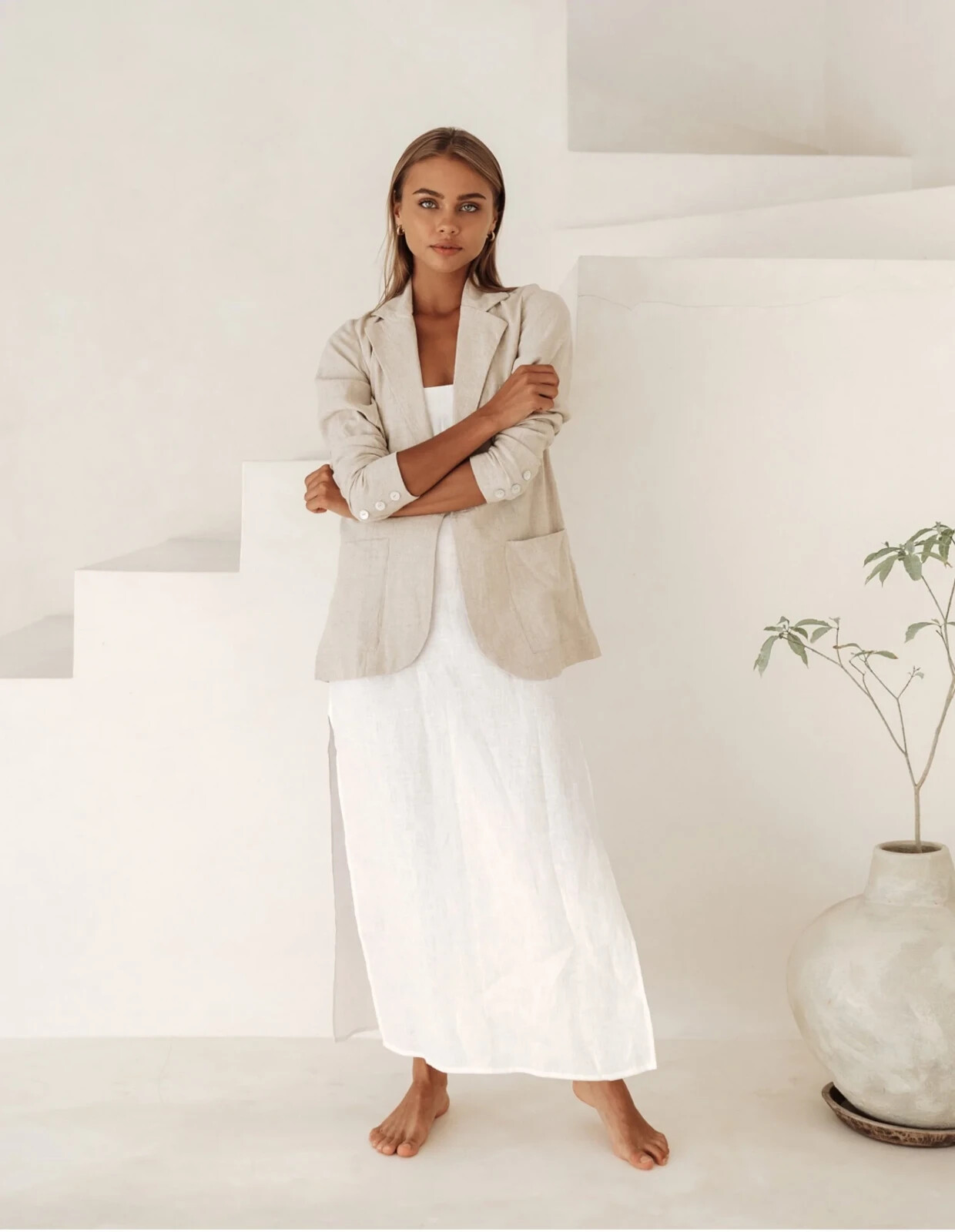 100% Linen Jacket / Blazer Free the Label Corfu Blazer Lagenlook Oatmeal Large