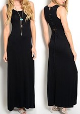 Black Lace-Up Back Sleeveless Jersey Tank Long Maxi Dress