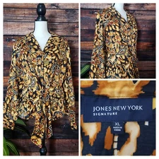 Jones New York Signature Blouse Size XL Button Up Tie Front Top Cotton Boho