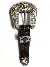 Silver .925 Engraved Belt Buckle Set 1  Straps 3 Pc Star Cowboy Filigree Belts