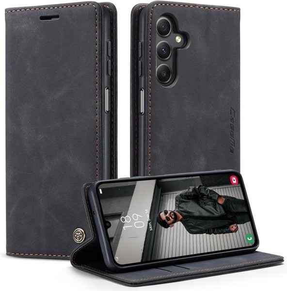 HandyhüLle Samsung Galaxy A15 5G Schwarz Leder Flip Case Magnet Standfunktion-image