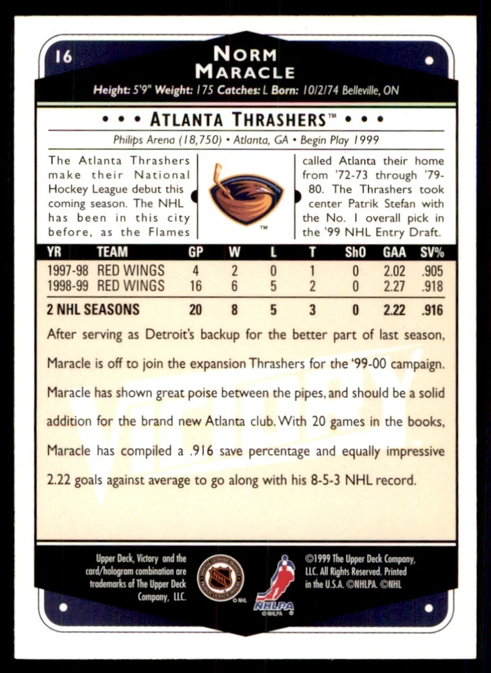 1999-00 Upper Deck Victory Norm Maracle Atlanta Thrashers #16 - Image 2 of 2