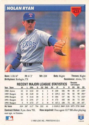 1993 Donruss #423 Nolan Ryan - Picture 2 of 2