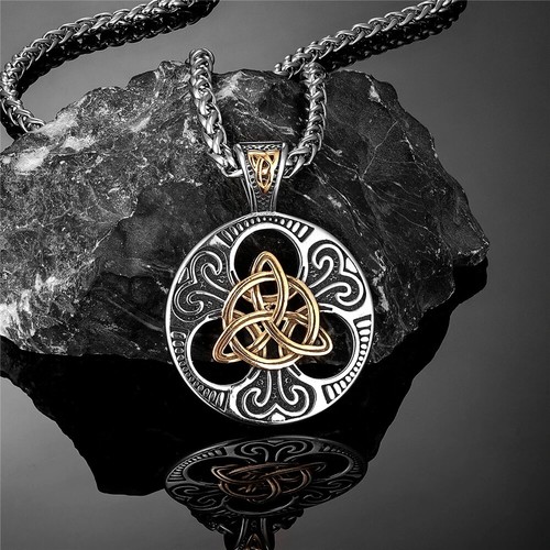 Flongo Collier Acier Inoxydable Pendentif Nœud Celtique Irlandais – Style Vintage Rétro Élégant Homme Femme