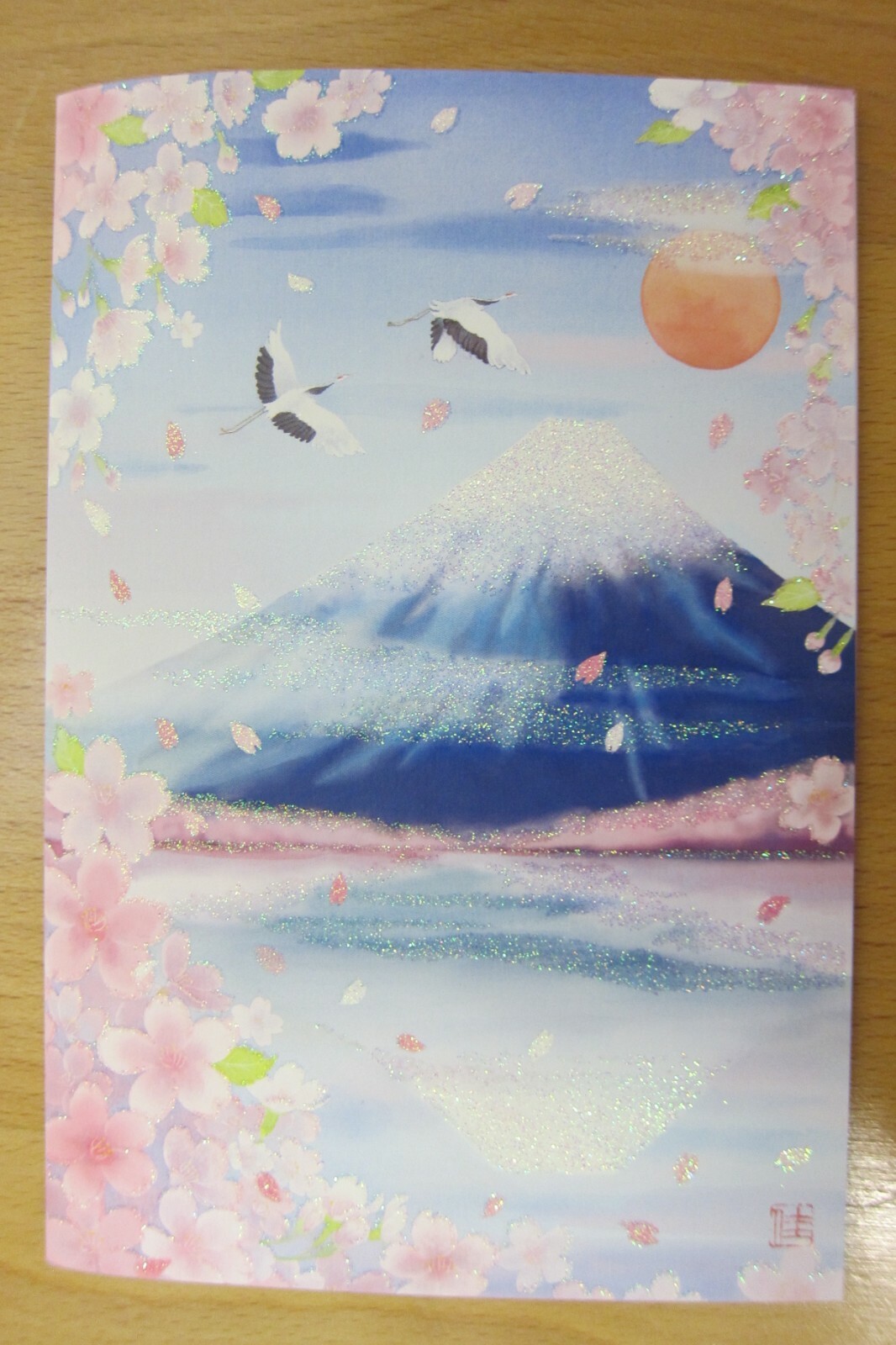Japanese Import Greeting Card Cranes Blue Mt Fuji with Watermarked Paper Insert