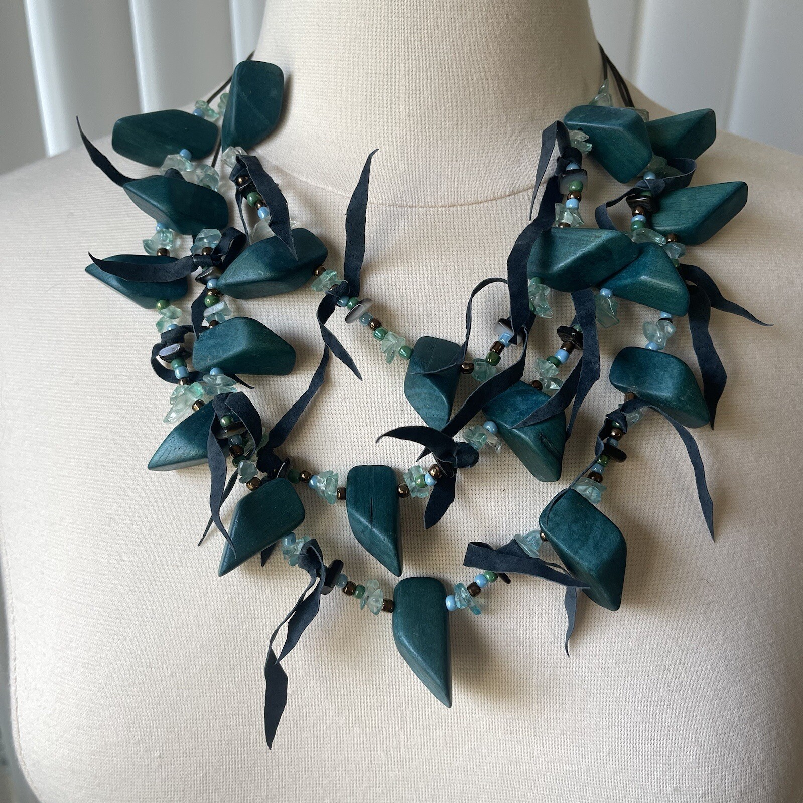 Gorgeous Peacock Blue Multi-Material Layered Neck… - image 1